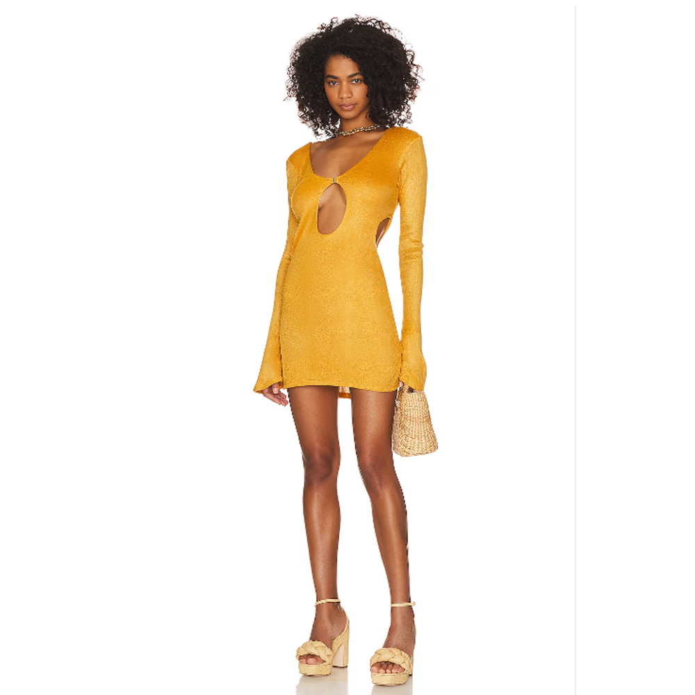 Savannah Morrow Mustard Long Sleeve Keyhole Side Cut Outs Bamboo Mini Dress SM